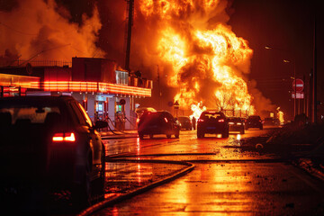 Explosion at a gas station. A burning gas station building and cars nearby