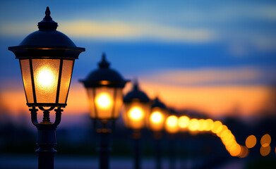 Street lamps at dusk where one lamp is lit up and the others remain off. - Powered by Adobe