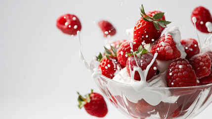 Coupelle de fraises et framboises et crème blanche 