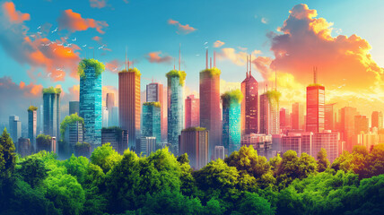 Naklejka premium A cityscape with a lot of green trees and buildings