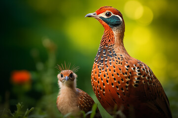 a close up of Pheasant mom and son on natural background