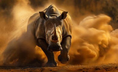 Rhinoceros charging across the savannah. 