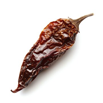 A single chipotle pepper, smoky and dried, isolated on a white background