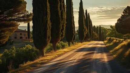 Obraz premium Bustling Roman road in sun-drenched Italian countryside lined with cypress trees