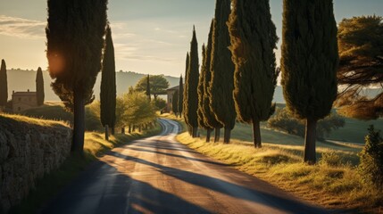 Naklejka premium Roman road in sun-drenched Italian countryside flanked by tall cypress trees