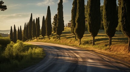 Obraz premium Roman road in sun-drenched Italian countryside flanked by tall cypress trees