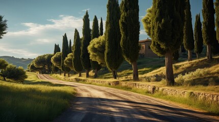 Obraz premium Bustling Roman road in sun-drenched Italian countryside flanked by cypress trees