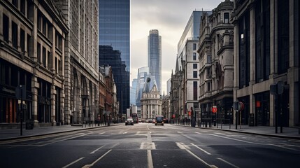 Fototapeta na wymiar Roman road in bustling metropolis with futuristic skyscrapers