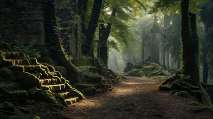 Roman road to hidden ancient temple in mystical forest