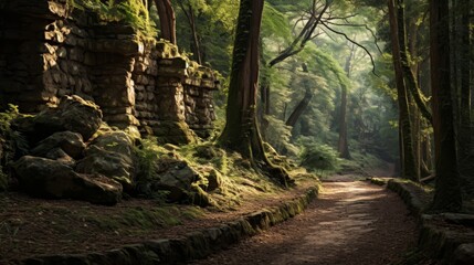 Obraz premium Roman road leads to hidden ancient temple in mystical forest