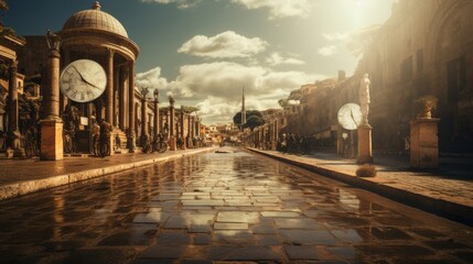 Obraz premium Roman road with time travelers from different eras converging