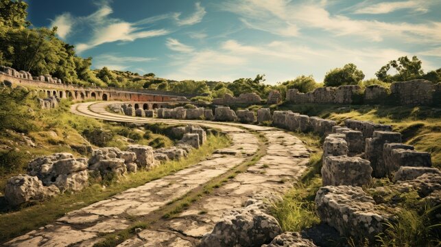 Roman road transformed into rollercoaster-like track with ancient chariots speeding