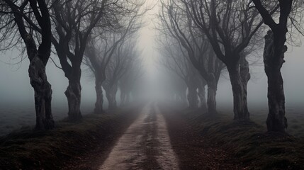 Fototapeta premium Roman road wrapped in a dense mystical fog hiding its route