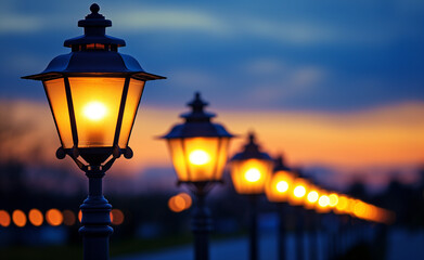 Row of street lamps at dusk where one lamp is lit up and the others remain off.