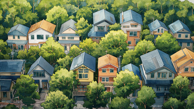 A painting of a neighborhood with houses of different colors and sizes