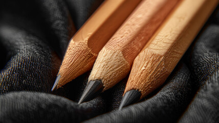 Three sharp pencils on black fabric