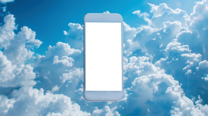 Smartphone with a blank white screen floating in vivid blue sky filled with white clouds, emphasizing modern technology and cloud computing concept