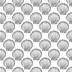 Underwater seamless pattern with seashells line art illustration in black color. Scallop sketch, seashell line drawing. Summer beach seaside print for background, textile, fabric, wrapping paper