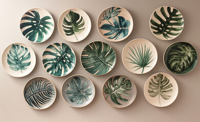 Series of hand-painted ceramic plates, each with a unique botanical design, against a neutral-toned background.