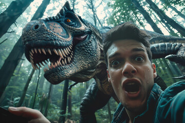 A terrified man snaps a selfie with a dinosaur in a forest as a colossal T-Rex hot on his heels.