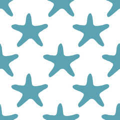 Underwater seamless pattern with starfish silhouette illustration in blue color. Sea star sketch, seashell drawing. Summer beach seaside print for background, textile, fabric, wrapping paper
