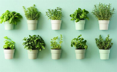 Neatly arranged vertical herb garden on a kitchen wall, with each herb planted in uniform pots against a pastel-colored background.