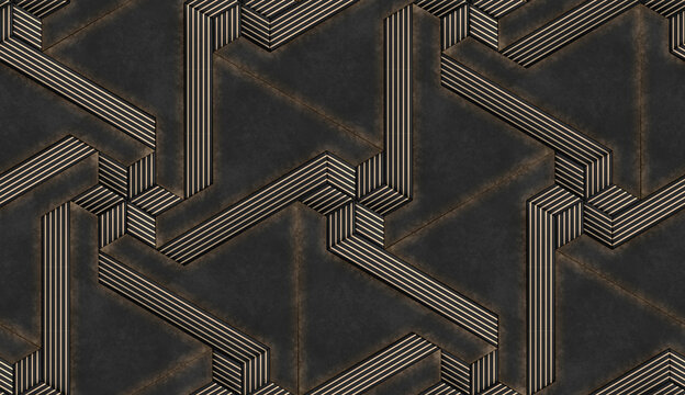 Abstract geomodule pattern with metallic and gold tones in 3D
