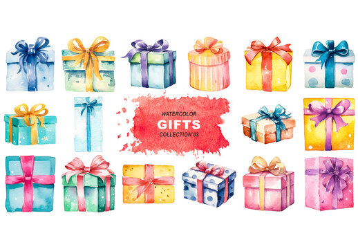 Watercolor painted style gift boxes clipart isolated on transparent background. Created using Generative AI.