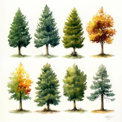 Fototapeta premium A series of trees painted in watercolor, including a pine, a birch, and a maple