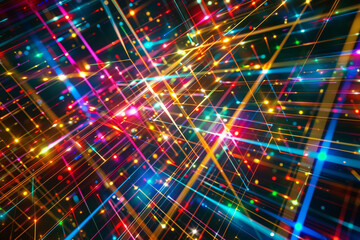 An array of colorful, digital beams intersecting at various points creating a complex plexus effect.