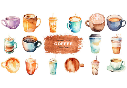 Watercolor painted style - coffee cups clipart isolated on transparent background. Created using Generative AI.