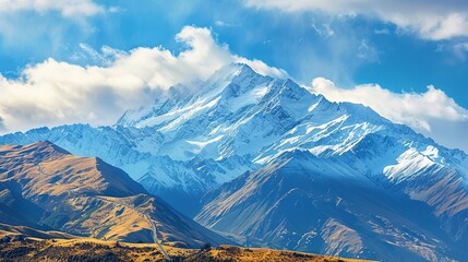 Mountain snowcapped peak isolated on blue sky background, copy space for design, travel concept.