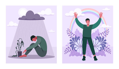 Concept of treatment and recovery from depression. A man is depressed and is already a healthy, happy and joyful person. A set of illustrations of psychological problems and help from a psychologist.