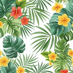 A tropical scene with green leaves and yellow flowers