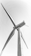 A wind turbine is depicted in a black and white drawing