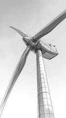 A wind turbine is shown in a black and white drawing