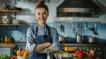 A female chef standing confidently in a kitchen, her arms crossed.