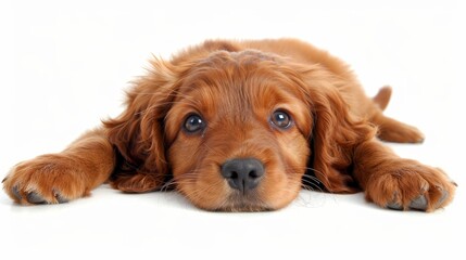   A close-up of a dog resting on the ground, head and paws touching the ground