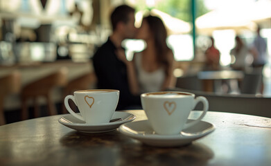 Two cups of coffee and in the background blurry for people.. Couple on a coffee date in a trendy urban café.