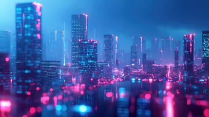 Neon digital city. Tall houses illuminated by neon light. Virtual 3d city.