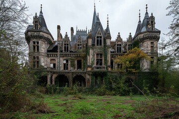 Fototapeta premium Eerie Abandoned gothic castle. Creepy inside. Generate Ai