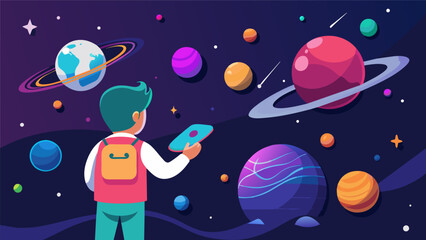 Explore the mysteries of the universe through stunning visuals and engaging content in this space exploration app.. Vector illustration