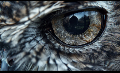 Obraz premium Eye of an owl at twilight, using natural low light to enhance the mystical and wise appearance of the owl.