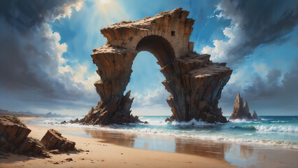 Weather eroded high rock formation in the shape of a arched portal standing tall on a hot summer's day at a picturesque sandy beach with bright sunshine and blue sky filled with clouds.