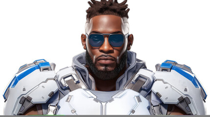 Upper Body Shot of a Confident African American Male Soldier in Futuristic White Armor with Blue Sunglasses - Powered by Adobe