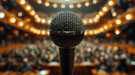 Close-Up of a Microphone Against a Blurred Audience in a Theatre, Highlighting a Moment Before a...