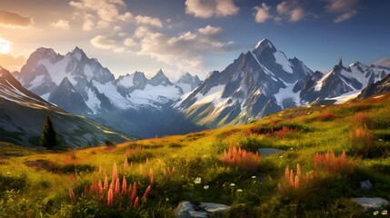 Panoramic view of alpine meadow and snow-capped mountains at sunset