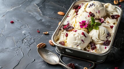 Creamy ice cream dessert with dried fruits and nuts, frame to fit the text