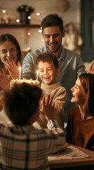 A family joyfully celebrates a birthday, gathered around a cake with lit candles, smiling and sharing a special moment together.