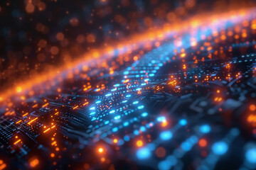 Digital binary data on computer screen background in the shades of blue and orange